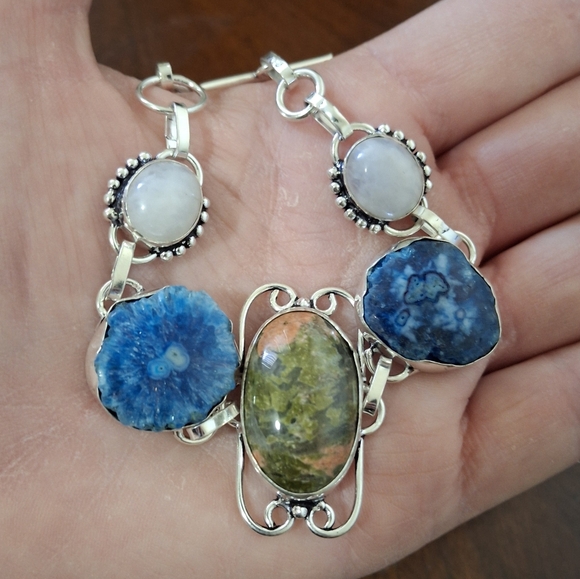 New Unakite, Rainbow Moonstone, Agate Geode Slice 925 Silver Bracelet. - Picture 5 of 10